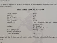 COLT M1851 HARTFORD NAVY REVOLVER (1860) SN# 98503 WITH COLT FACTORY LETTER