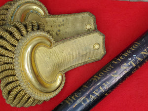 ORIGINAL CIVIL WAR GOLD BULLION EPAULETS AND PAINTED DOCUMENT TUBE OF MAJ GENERAL DAVID SLOANE STANLEY MEDAL OF HONOR RECIPIENT