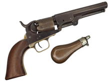 COLT M1849 .31 CAL PERCUSSION POCKET REVOLVER SN# 15921 (1850) AND POWDER FLASK