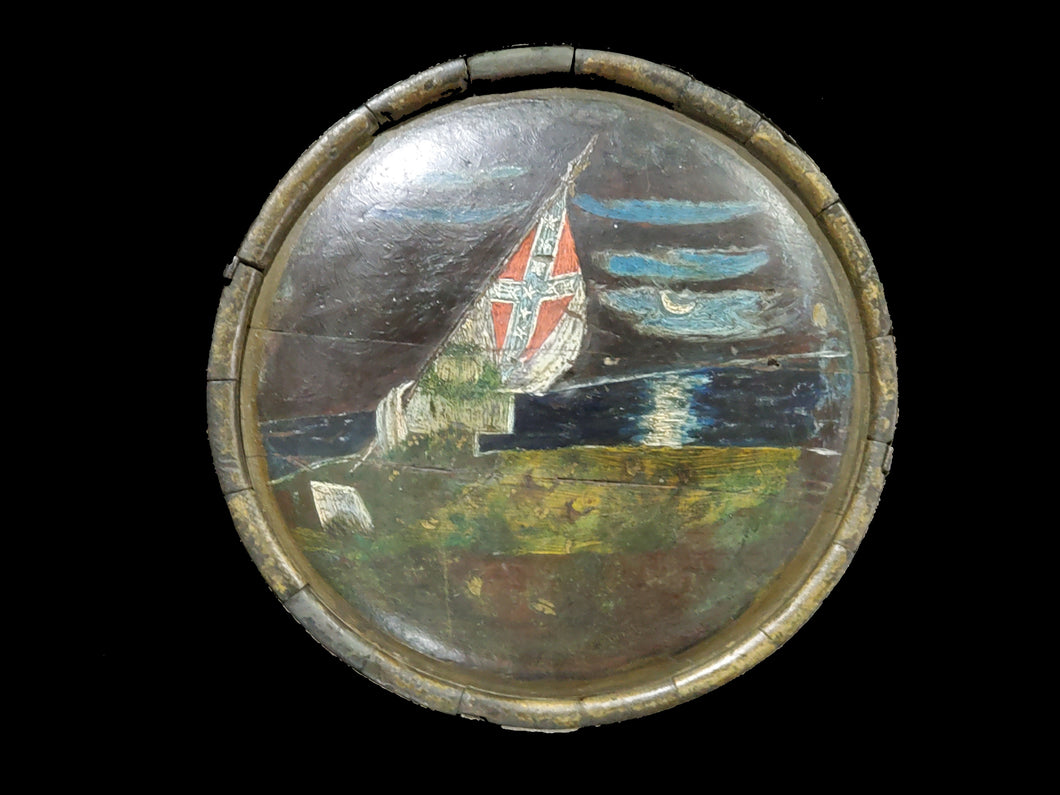 CONFEDERATE WOOD DRUM CANTEEN WITH PAINTED CS NATIONAL FLAG SCENE